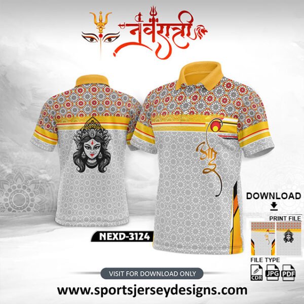 NEXD-3124 Navratri Special Jersey – Grey, Yellow & Red Pattern with Devi Illustration and Calligraphy