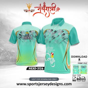 NEXD-3126 Navratri Special Jersey – Aqua Green, Yellow & Grey Abstract Pattern with Divine Calligraphy